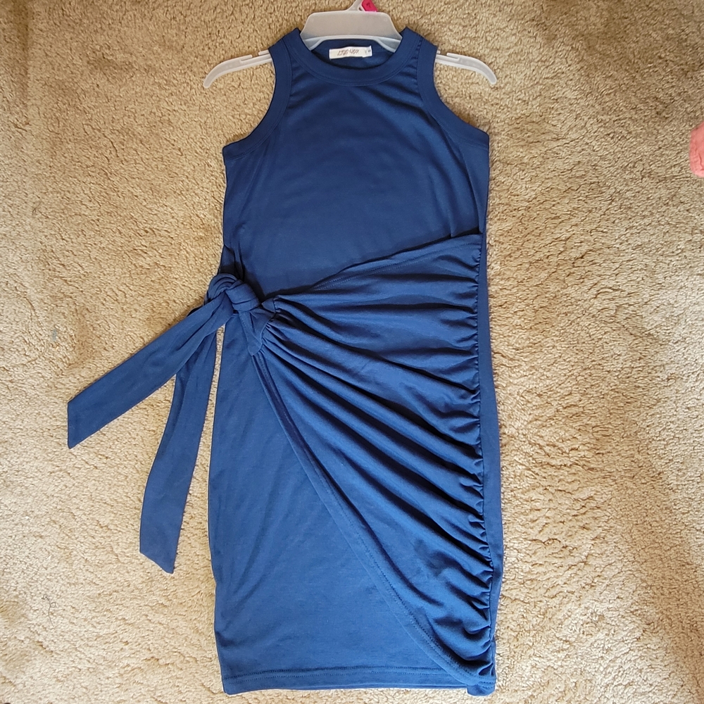 Blue Ruched Tie Front Cocktail Dress